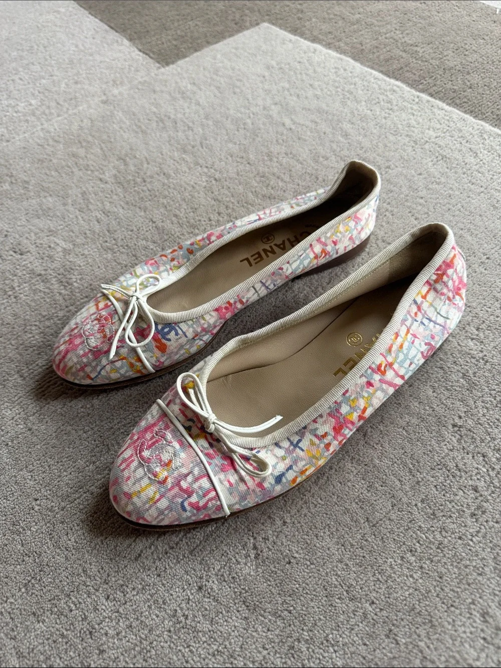 CHANEL Multicolor Denim Ballet Flats with White Trim